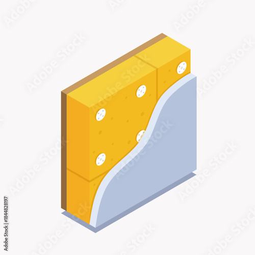 Isometric wall insulation cross-section icon. Vector illustration of yellow thermal foam layer with fasteners and grey plaster coating. Concept for building construction and energy efficiency.