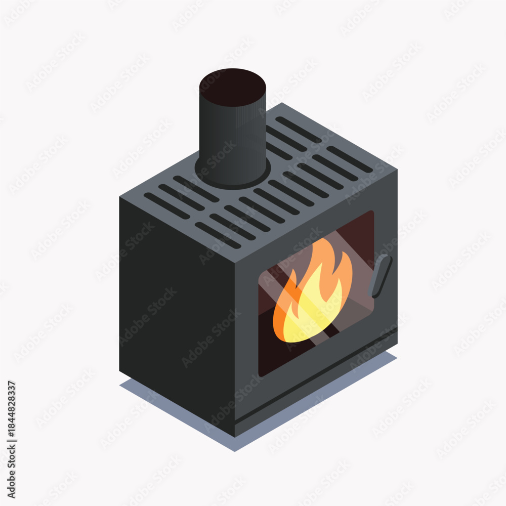 Obraz premium Isometric wood burning stove icon. Vector illustration of a black metal fireplace with chimney and fire inside. Home heating appliance for cozy interior design.
