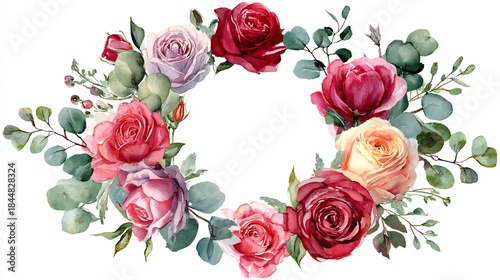 Watercolor Roses Wreath - Eucalyptus Floral Frame
