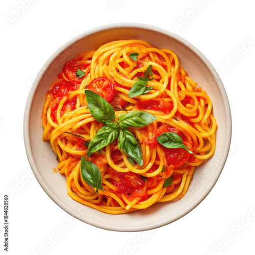Spaghetti with tomato sauce and basil, served in a cream-colored bowl