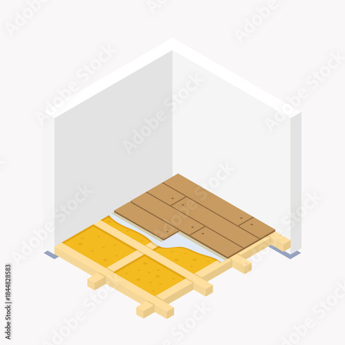 Isometric floor insulation icon. Vector illustration of wooden joists with yellow thermal wool, vapor barrier sheet, and floorboards. Construction cross-section for home energy efficiency.