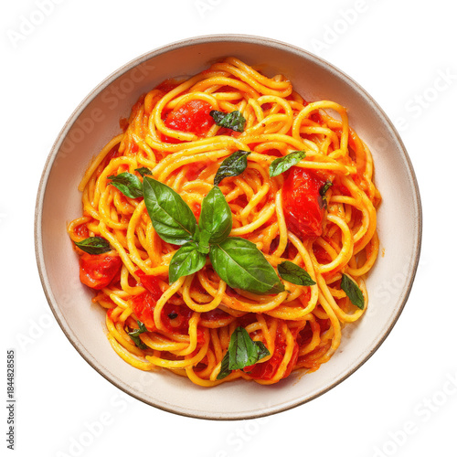 Top-down view of spaghetti with tomato sauce and fresh basil