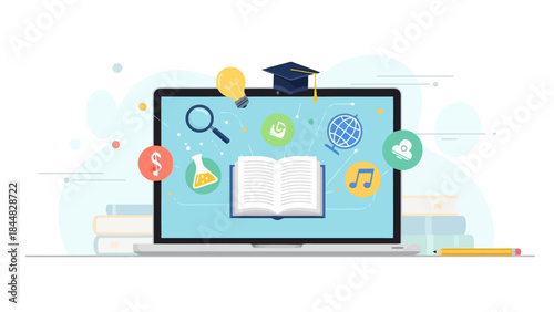 Online education and elearning concept with laptop, open book, graduation cap, and various learning icons