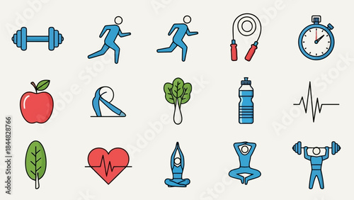 Set of colorful icons representing fitness, health, exercise, and healthy lifestyle activities and objects