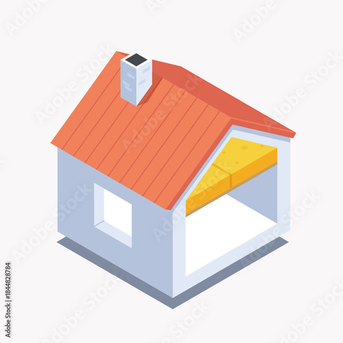 Isometric house icon with roof insulation cross-section. Vector illustration of a building with red roof and yellow thermal foam layers. Construction and energy efficiency concept.