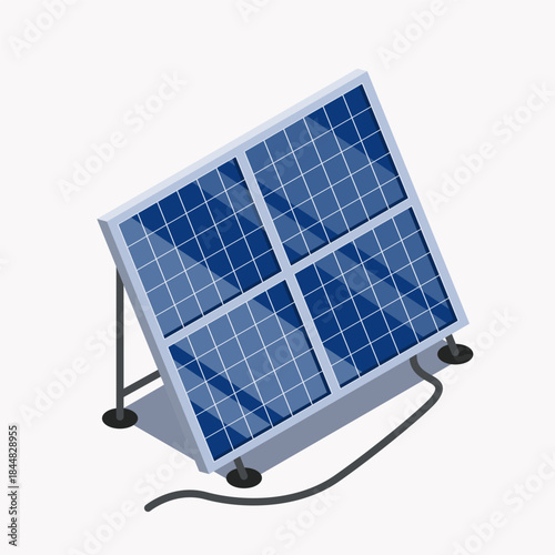 Isometric solar panel icon. Vector illustration of a blue photovoltaic cell with metal stand and cable. Renewable energy, green power generation, and sustainable technology concept.