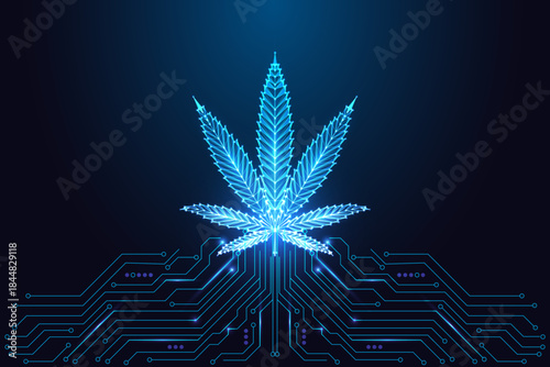 Futuristic glowing cannabis leaf on circuit board, digital hemp and industry vector illustration