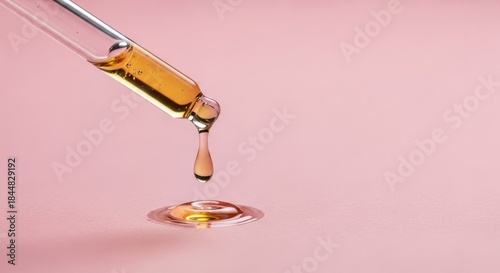 Wallpaper Mural Transparent pipette dispensing golden liquid with a single droplet suspended mid-air, forming a small puddle on a soft pink surface in a beauty and wellness concept. Torontodigital.ca