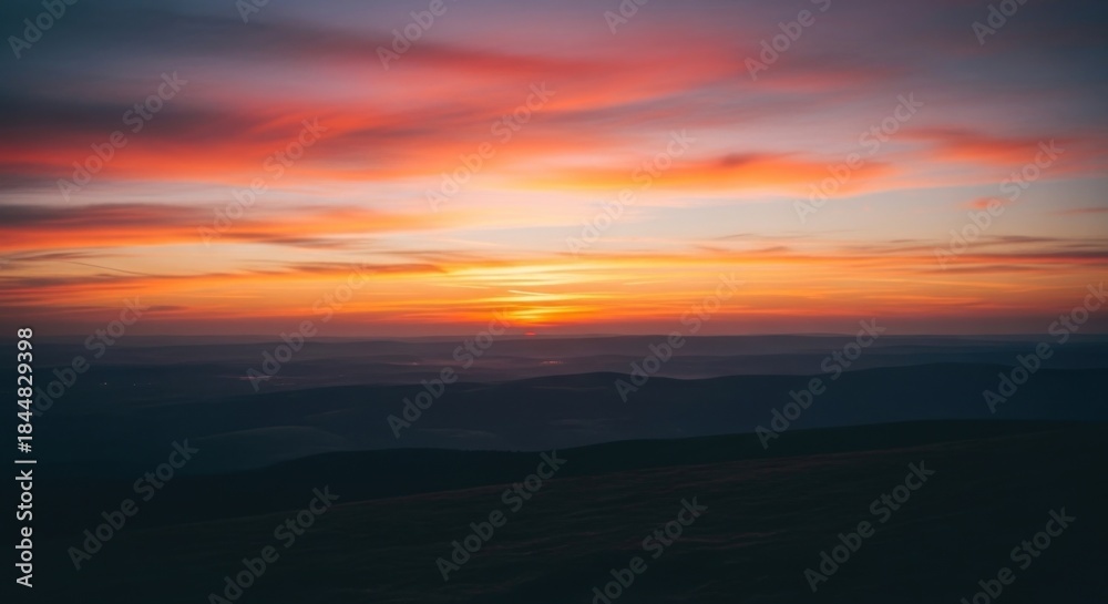 Fototapeta premium Vivid sunset sky ablaze with fiery oranges, reds, and yellows, painting the cloudscape above silhouetted mountain ranges in a tranquil, breathtaking vista, capturing the essence of dusk.