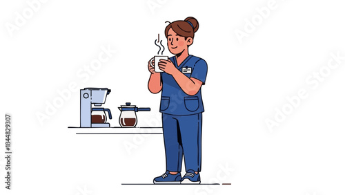 Nurse enjoying coffee during night shift in scrubs with coffee maker  