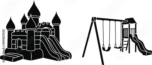 Playground elements with castle and swing set design on transparent background silhouette
