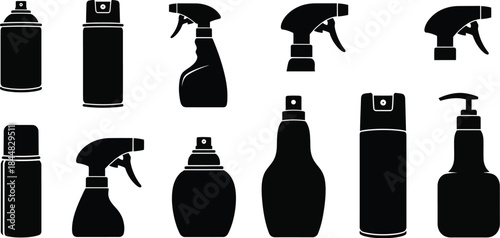 Collection of spray bottles in black silhouette on transparent background