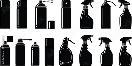 Collection of spray bottles and aerosol cans a versatile design element silhouette on transparent background