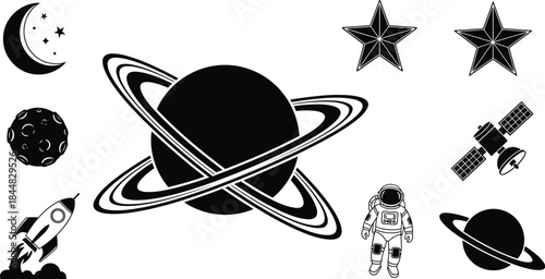 Celestial elements with planets stars and an astronaut on transparent background silhouette