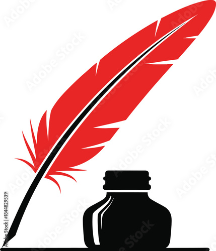 Elegant red feather and inkwell illustration on transparent background silhouette