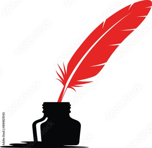 A striking red feather quill dipping into an inkwell silhouette on transparent background
