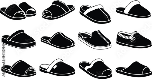 Variety of slippers in black silhouette on transparent background