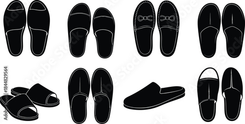 Variety of black shoe silhouettes including slippers on transparent background