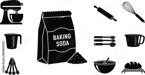 Black baking tools and ingredients silhouette on transparent background