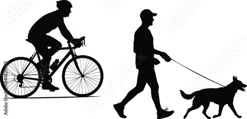 Cyclist and dog walker with pet a distinct silhouette on transparent background