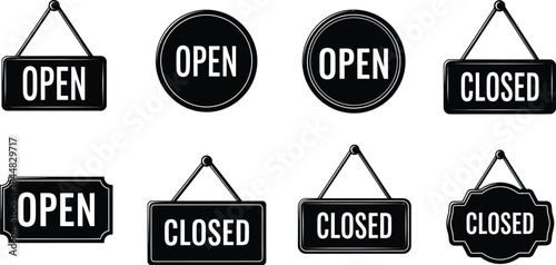Collection of open and closed business signs on transparent background silhouette