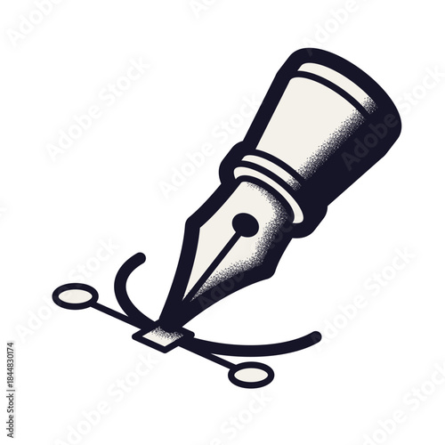 Isometric fountain pen tool icon. Vector illustration of a nib drawing a path with anchor points. Monochrome grain texture design for graphic design, digital art, and vector editing software concepts.
