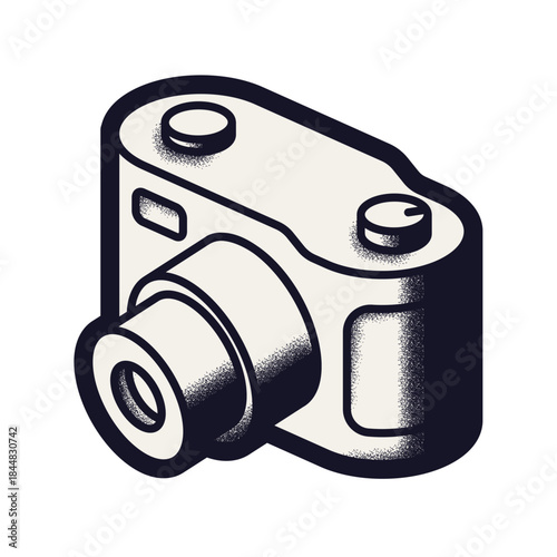 Isometric photo camera icon. Retro monochrome vector illustration with grain texture representing photography, digital imaging, and vintage equipment.