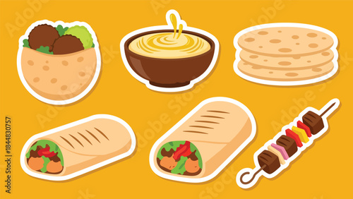 Kawaii Middle Eastern food sticker set featuring falafel, hummus, shawarma, pita, and kebab icons in flat vector style, perfect for culinary visuals, ideal for Middle Eastern branding