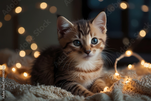 A kitten wrapped in Christmas string lights glowing softly