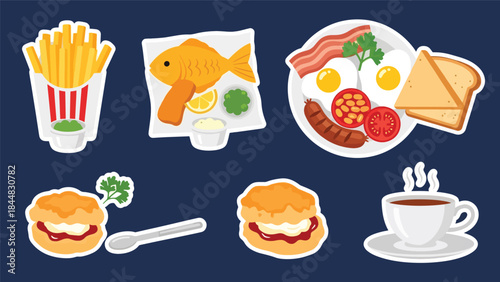 Kawaii British food sticker collection with fish and chips, English breakfast, scones, and tea cup icons in flat vector style, perfect for café visuals, ideal for UK cuisine content