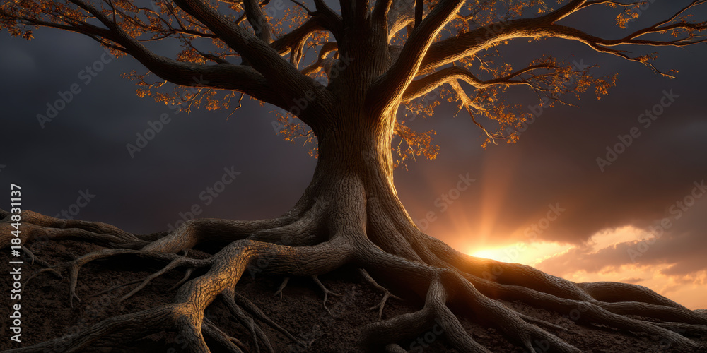 Naklejka premium Majestic tree with deep glowing roots and radiant golden branches at sunset, dramatic lighting evokes wonder and warmth