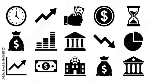 Finance and banking icons illustrating money, charts, and economic metrics