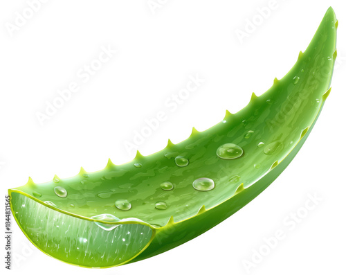 Realistic fresh aloe vera leaf segment diagonal composition with water drops isolated on transparent background.