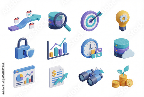 Business analytics 3d icon collection isolated on white background. data research, visualization, statistics, timeline, target and investment. strategy and finance set concept