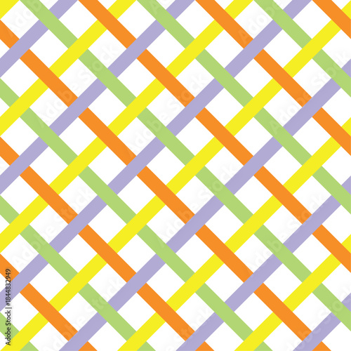 Diagonal weave pattern created from purple, yellow, orange and green lines against a white background
