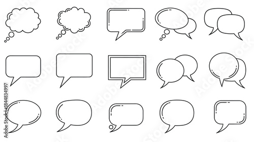 Collection of various black and white speech bubbles and thought bubbles in different shapes