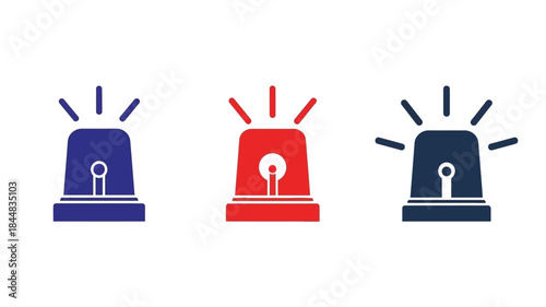 Three emergency vehicle lights in blue red and dark blue silhouette