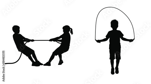 Children playing with a jump rope and tug of war a striking silhouette