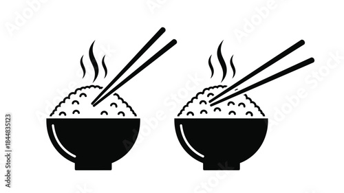 Two steaming bowls of rice with chopsticks a minimalist design silhouette