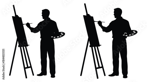 Two artists painting at easels a striking black silhouette