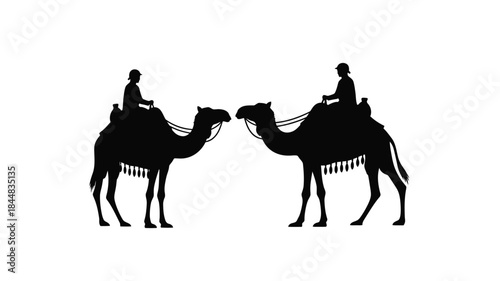 Two camels with riders facing each other in a stark black silhouette