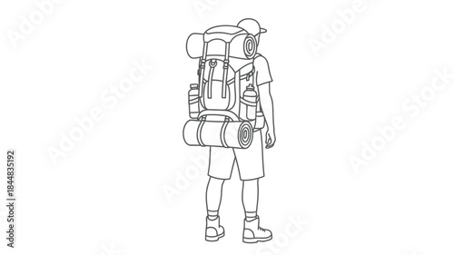 Backpacker with full equipment and supplies a striking line art silhouette