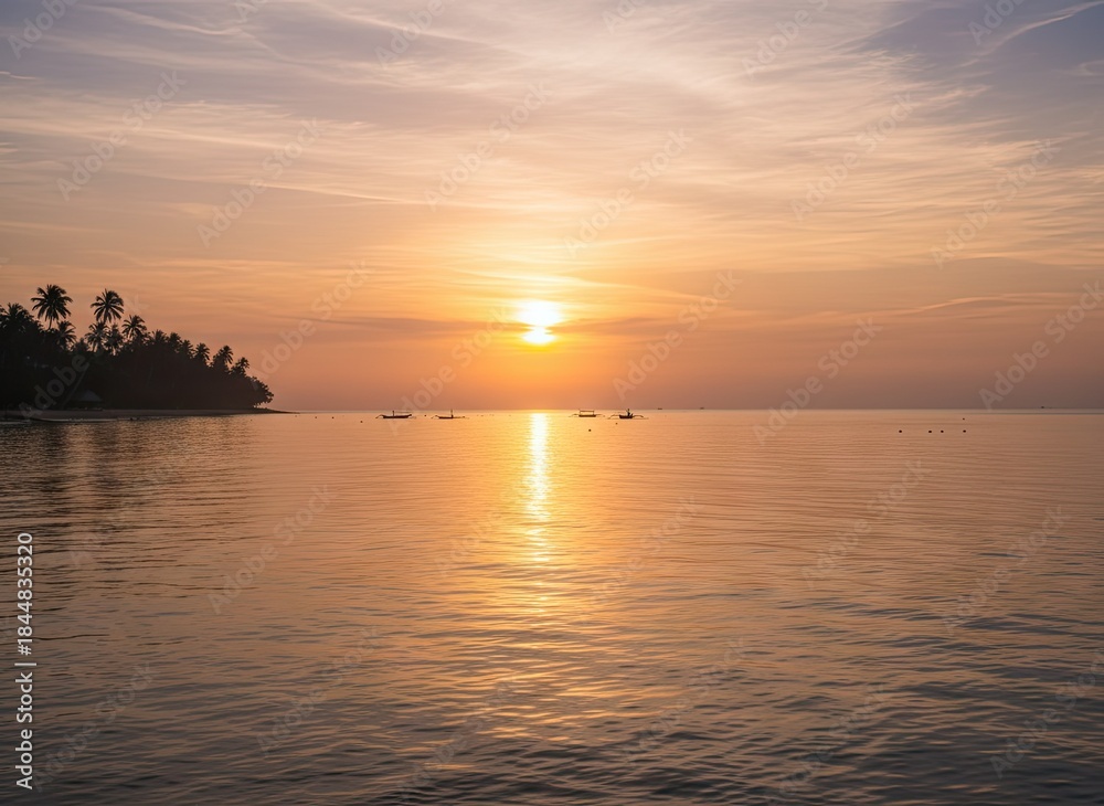 Fototapeta premium Golden Sunset Over Calm Ocean With Palm Trees Silhouetted Against Orange Sky And Rippling Water Reflections