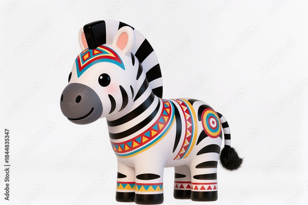 Obraz premium Cute 3d chibi zebra mascot decorated with Tây Nguyên tribal patterns, cheerful face, glossy toy style, isolated on white.