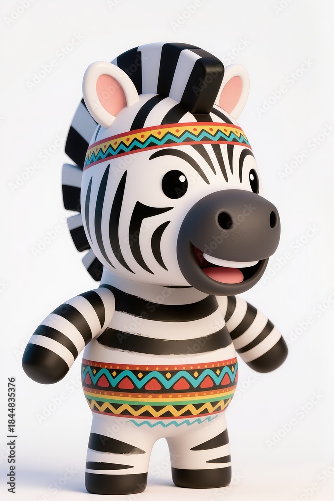 Obraz premium Cute 3d chibi zebra mascot decorated with Tây Nguyên tribal patterns, cheerful face, glossy toy style, isolated on white.