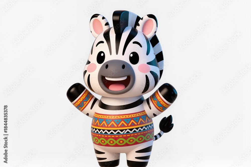 Obraz premium Cute 3d chibi zebra mascot decorated with Tây Nguyên tribal patterns, cheerful face, glossy toy style, isolated on white.