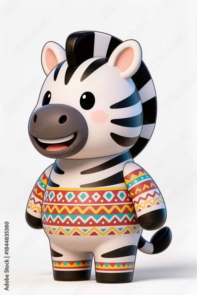 Obraz premium Cute 3d chibi zebra mascot decorated with Tây Nguyên tribal patterns, cheerful face, glossy toy style, isolated on white.