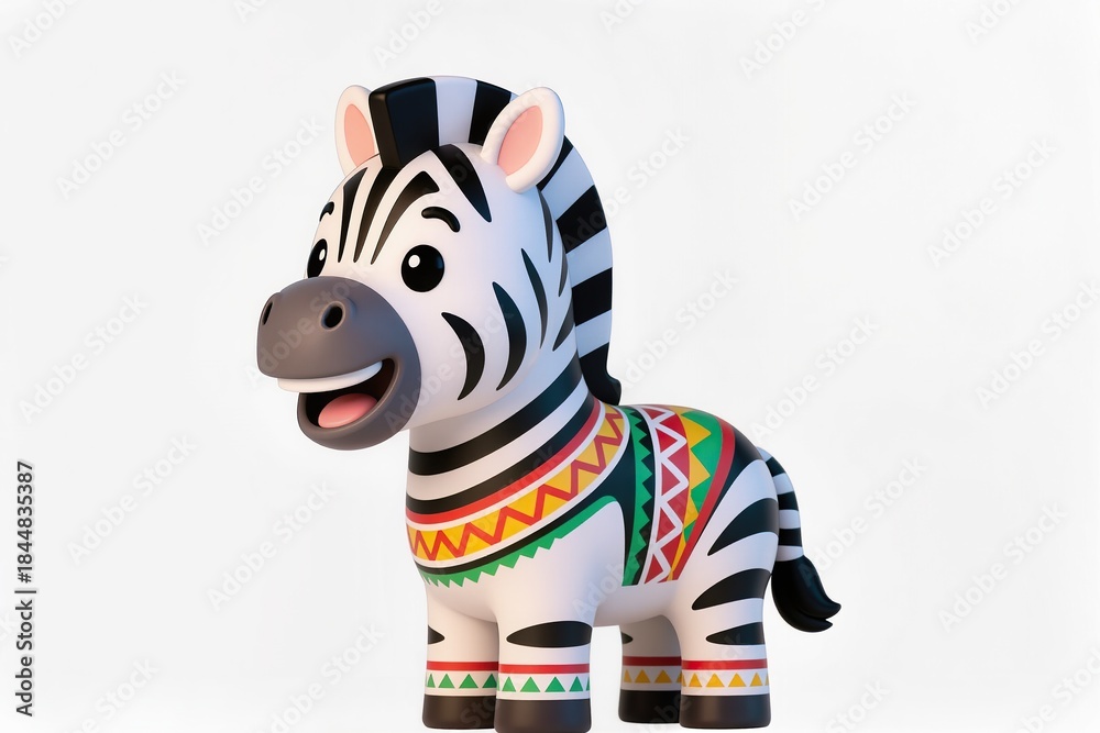 Obraz premium Cute 3d chibi zebra mascot decorated with Tây Nguyên tribal patterns, cheerful face, glossy toy style, isolated on white.