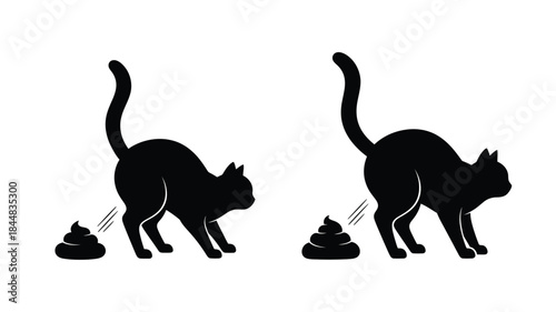 Two black cats in a squatting position leaving droppings silhouette