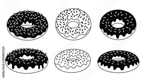 Delicious donut assortment with various sprinkles a black and white silhouette